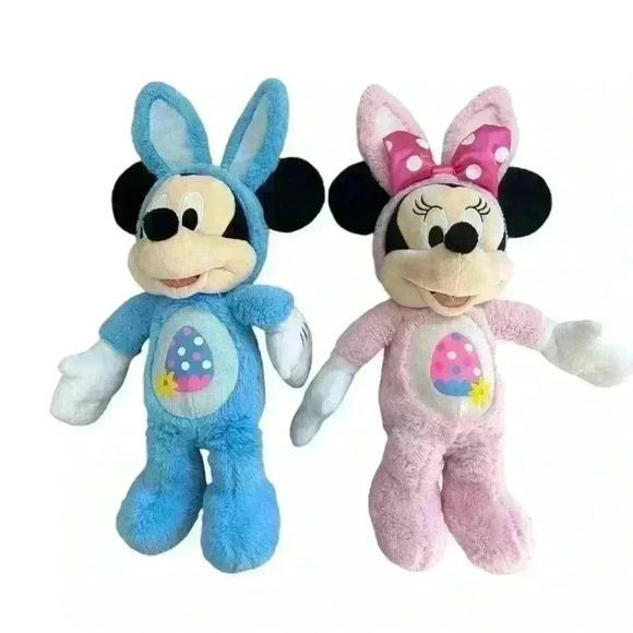 Disney Mickey Minnie Plush Easter Bunnies Blue Pink Colored Eggs on Belly 20” - Picture 1 of 3